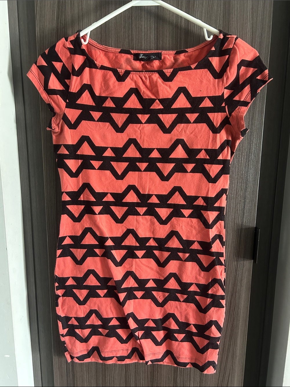 Coral and Black Geometric Cap-Sleeve Dress